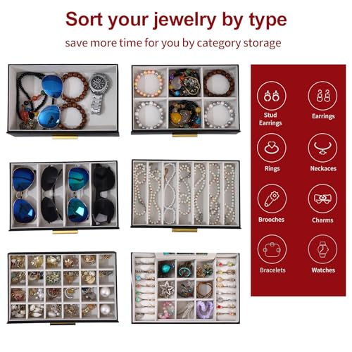 BOOVO Jewelry Boxes for Women, White and Black 6 Layer Large Jewelry Box for Necklace, Bracelet, Earrings, Rings Storage, Jewelry holder Organizer for Girls Gift (Black and Gold, 6 layer) - color: Black and Gold, size: 6 layer