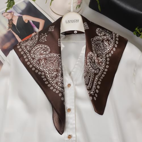 Women 100% Mulberry Silk Neck Scarf 21" Square Floral Neckerchief - color: Coffee