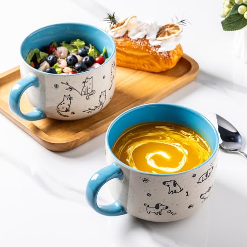 AmorArc 24 Ounces Ceramic Soup Mugs with Lids and Handle, Stoneware Bowls Cup Set of 2 for Soup, Stew, Noodle, Beautiful Mug Bowls With Lovely Dog,Cat Patterns, Microwave&Dishwasher Safe, Blue - color: Blue, size: 24oz