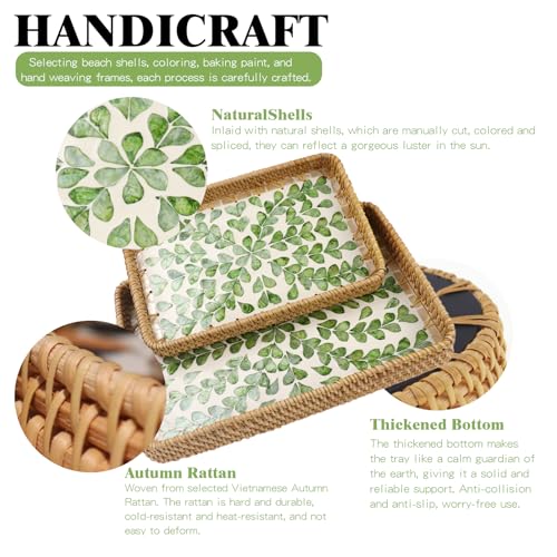 2 Pcs Rectangle Handwoven Rattan Mother of Pearl Inlay Wicker Serving Tray - color: Leaf Spring