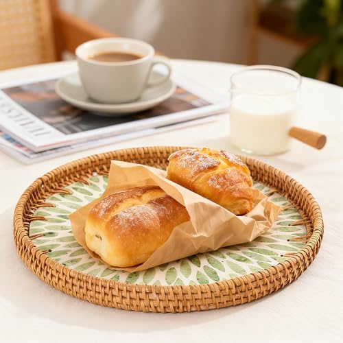 Round Rattan Tray with Mother of Pearl Inlay, Boho Style Decor Tray is Suitable for Bread Fruit Coffee, Also Functions as Kitchen Dining Table Home Decor Trays (Green)
