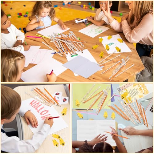 Fuyoooo 36 Sets Bee Party Favor Bulk Inspirational Notepads Pencil Mini Erasers Greeting Card Bee Themed Classroom Decor Party Supplies School (Cute)