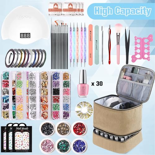 Corduroy Nail Polish Organizer and Nail Lamp Case, Nail Kit Organizer Holds 30 Bottles (15ml - 0.5 fl.oz) and a Nail Lamp, Nail Polish Carrying Case with Manicure Tools Storage Sections (Brown) - color: Brown