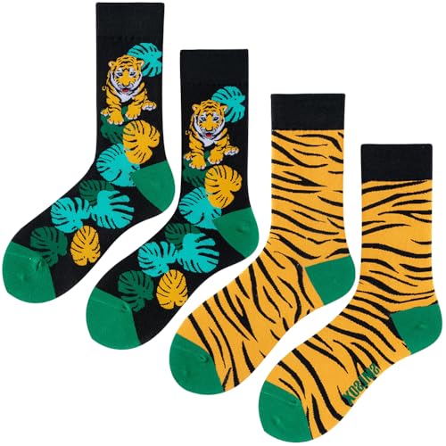 2 Pairs Cartoon Animal Crew Socks Fun Cotton Mid Calf Socks for Women - color: Tiger