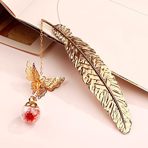 Toirxarn Metal Feather Bookmark, Back to School Teacher Gift for Women - color: Feather Gold - Pink Crystal With Red Flower