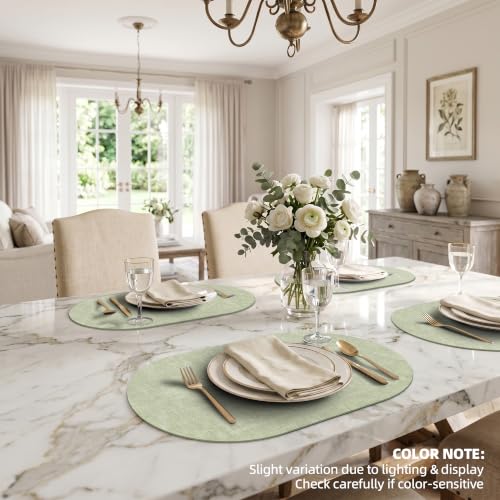 Placemats Set of 6, 17.7 x 11.8 Inch Oval Faux Leather Place Mats - color: R-sage Green