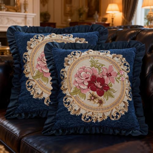 Set of 2 Vintage Blue Pillow Covers 18x18in for Sofa Couch,Blue Embroidered Pillows Covers for Living Room, Floral Embroidered Cushion Cover for Bed - color: Blue