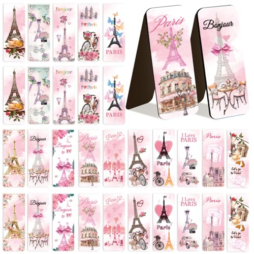 30 Pcs Paris Magnetic Bookmarks Cute Pink Tower Flower Magnetic Book Mark Bulk for Women Reading Lovers Library Supplies Gifts