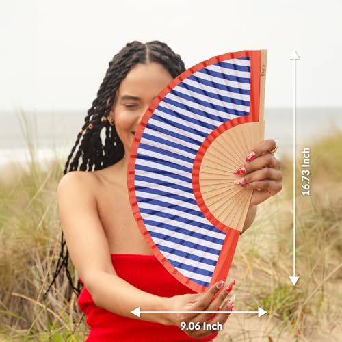 Fisura – Original Folding Fan with Stripes Print. Red and Blue Wooden Handheld Fan for Women with Hanger. Perfect Accessory for Weddings, Parties, Festivals and Gift Ideas. 16.7 x 9. - color: Red and Blue Stripes