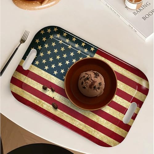 Serving Trays with Handles, 14.5 x 9.8 inch Rectangular Plastic Tray for Restaurant, Kitchen, Vintage United States of America Flag - color: Vintage United States of America Flag