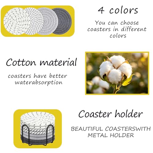 Coasters Set of 8 for Drinks with Holder,4 Colors Absorbent Coasters,Boho Cotton Woven Coaster Set for Living Room Decor,Tabletop Protection Suitable for Drinks,Beer, Coffee - color: Gray