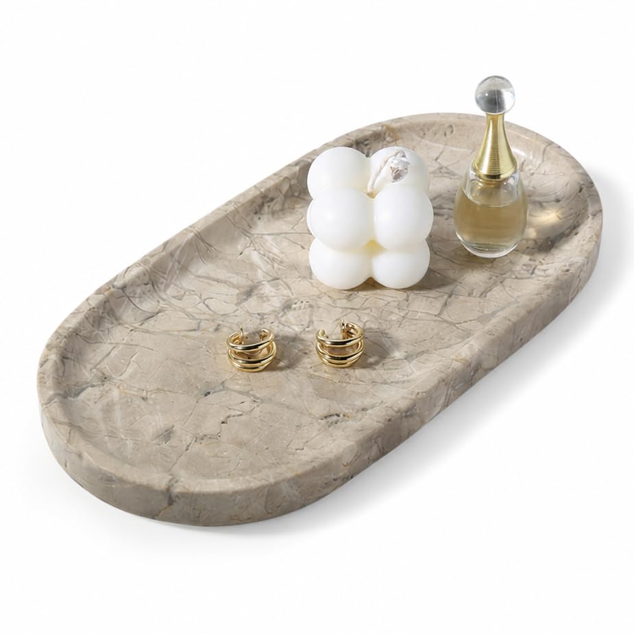 Koville Natural Silver Pearl Marble Decorative Tray, 10" x 5" Marble Vanity Tray for Bathroom Countertop Organizer Stone Trays, Catchall Tray Stone Plate for Perfume, Candles, Jewelry - color: Silver Pearl