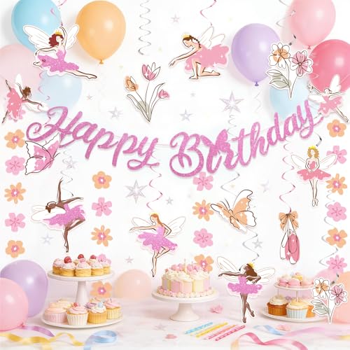 Paper Jazz Ballerina Birthday Party Decorations with Paper Flower Hanging Decoration,Happy Birthday Banner Dance Party Decorations For Room,Ballet Wall Art For Baby Shower,Garden Party - color: Pink