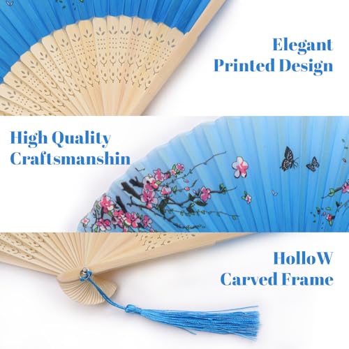 4 PCS Handheld Floral Folding Fans Foldable Silk Bamboo Fan