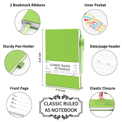 feela 5 Pack Notebooks Journals Bulk, Hardcover Notebook Classic Ruled Lined Journals with Pen Holder for Women Girls School Business Supplies, with 5 Black Pens, 120 GSM, 5.1”x8.3”, A5, Green - color: 5 Green