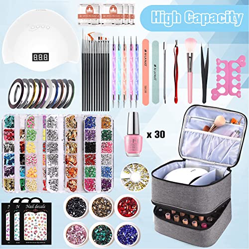 Nail Polish Organizer Holds 30 Bottles (15ml) and 1 Nail Light Nail Polish Carrying Case with Storage Pockets for Manicure Tools Double Layer Nail Polish Storage Travel Bag with Handle (A-Gray) - color: A-Gray