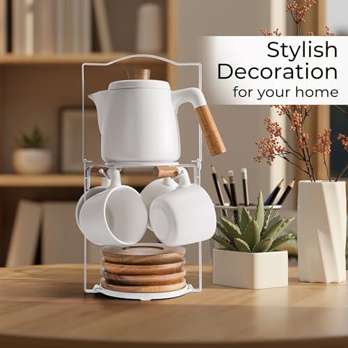 MIAMIO - Teapot Set with 4 Cups & Rack (34/10 oz) with Infuser (White) - color: White
