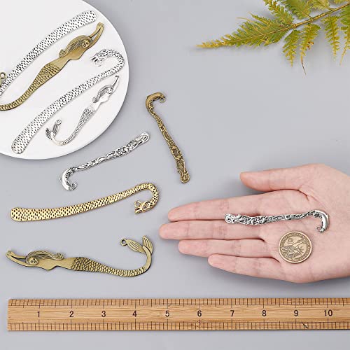SUNNYCLUE 1 Box 12Pcs Metal Bookmarks Hook Bookmark Vintage Style Alloy Hook Bookmarks Hairpin Carved Mermaid Book Markers Dragon Charm Pendants for Books Lovers Teacher's Day Back to School Gift - color: 12pcs 6 Styles Sea Hook Bookmarks Mixed Color