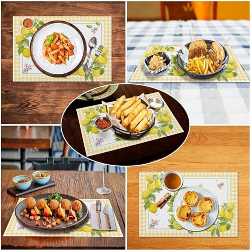 Yellow Lemon Placemats Set of 4, 12x18 Inch Summer Fruits Buffalo Plaid Baskets Floral Farmhouse Seasonal Spring Holiday Coffee Table Mats for Party Kitchen Dining Decoration - color: Pm-lemon03, size: 4pcs