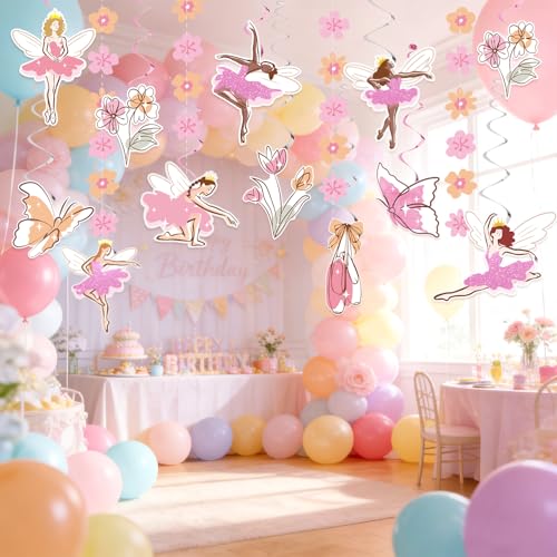Paper Jazz Ballerina Birthday Party Decorations with Paper Flower Hanging Decoration,Happy Birthday Banner Dance Party Decorations For Room,Ballet Wall Art For Baby Shower,Garden Party - color: Pink