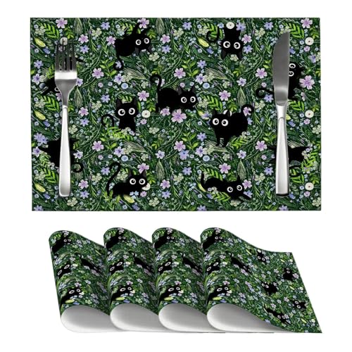 Black Cat Spring Floral Green Placemats Set of 4, Cat Wildflowers Shrub Table Place Mats Linen Washable Heat Resistant Place Mat, Kitchen Dining Restaurant Farmhouse Decoration - color: Green Cat