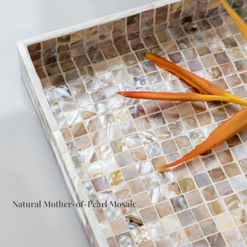 PEMAR Mother of Pearl Tray 15.7x11.8 Rectangle Handcrafted Serving Tray - color: Artisan Brown Mosaic