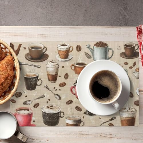 Coffee Cups and Beans Placemats Washable Table Placemat Set of 4 - color: Red Brown, size: Set of 4