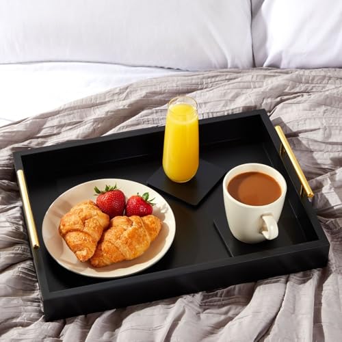 Juvale Wooden Serving Tray - 15.7 x 11.8 x 3.1 in, Black Rustic, Includes 2 Coasters - Decorative Tray with Interchangeable Gold & Silver Handles - Sofa & Ottoman Use, Coffee Table Decor - color: Black