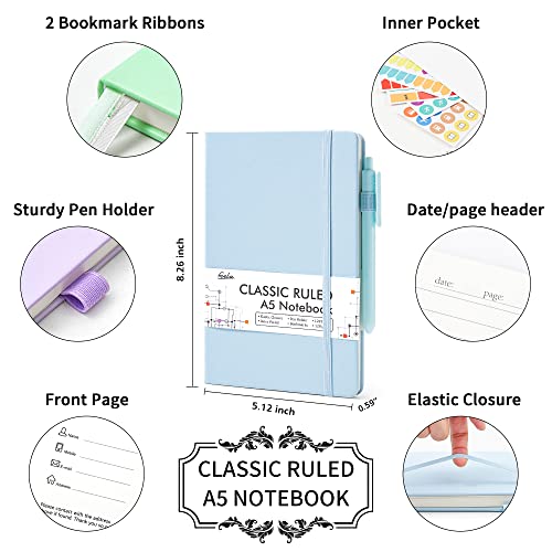 feela 5 Pack Notebooks Journals Bulk, Hardcover Classic Ruled Lined Journals with Pen Holder for Women Girls School Business Supplies, with 5 Black Pens, 120 GSM, 5.1”x8.3”, A5, Pastel Colors - color: 5 Pastel Colors