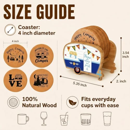 Cool Happy Camper RV Coasters Set of 4 with Holder - color: New Blue