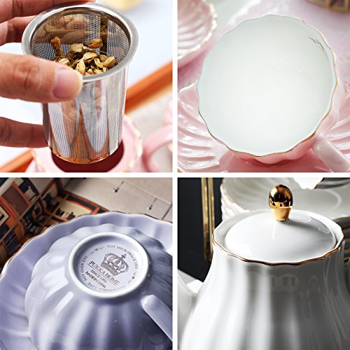 Porcelain Tea Sets British Royal Series, 8 OZ Cups& Saucer Service for 6, with Teapot Sugar Bowl Cream Pitcher Teaspoons and tea strainer for Tea/Coffee, Pukka Home(purple) - color: Purple