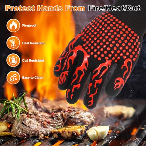 M METERXITY 1-Pair BBQ Gloves, 1472°F Heat Resistant Non-Slip Grilling Oven Gloves for Barbecue/Baking/Cooking, with Storage Bag [Flame Pattern L, Red] - color: Red