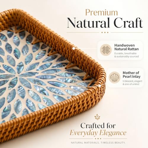 Handwoven Rattan Tray Set of 3 with Mother of Pearl Blue Floral Inlay - color: Blue Floral