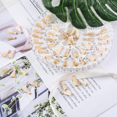 Mini Tassels Charm, 90pcs Golden Circle Beige Color Mini Tiny Handmade Craft Tassels Charms for DIY Jewelry Necklace Making Accessories - color: Beige-2cm