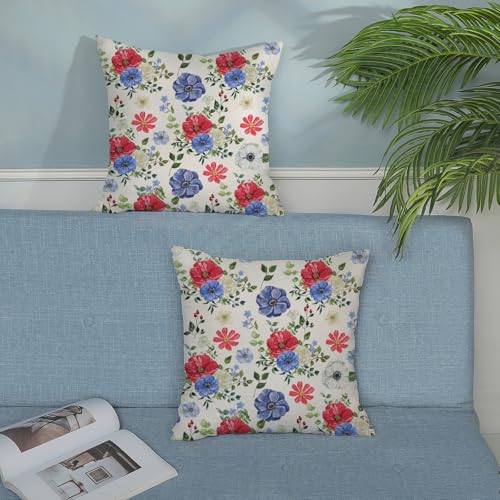 Boho Pillow Covers 18x18 Pack of 2,4th of July Blue Red Floral Throw Pillow Covers Independence Day Flower Decorative Pillowcase Farmhouse Linen Cushion Cover for Home Couch Sofa Outdoor Decor - color: Blue Red Floral-2, size: 18" x 18" (Pack of 2)