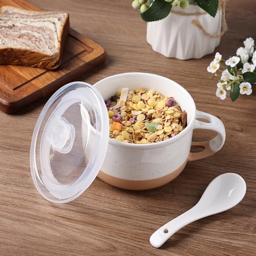 GBhome Ceramic Soup Mugs with Handles and Lids,24 OZ Soup Cups Set of 2 - color: White &Peach