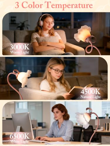 Pink Flower Table Lamp,Cute Lily Desk Lamp,Vintage LED Reading Light - color: Pink