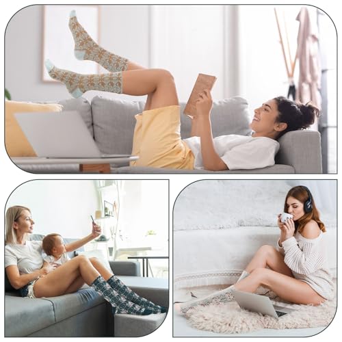 5/6 Pair Crew Socks for Women Floral Socks - color: Green, Blue, Brown Argyle Floral