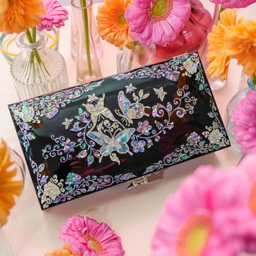 February Mountain Mother of Pearl Jewelry Organizer box - Handmade Large Wooden Box Romantic Anniversary Birthday Gifts for women (Butterfly Floral) - style: Butterfly Floral