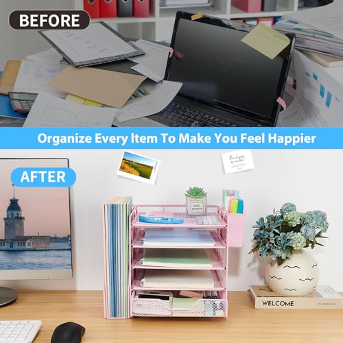 5-Tier Desk File Organizer with Drawer & Pen Holder (Pink) - color: Pink