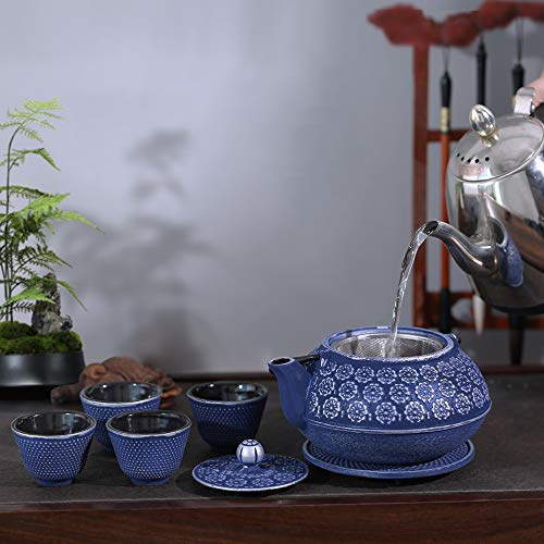 Ufine Blue Floral Cast Iron Teapot Set 28 oz Tea Kettle with 4 Cups, Trivet - color: Blue Floral