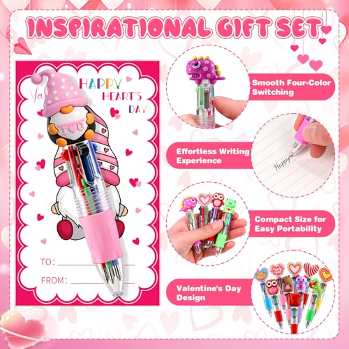50 Pack Valentines Day 4-in-1 Multicolor Cute Animal Pens with Valentines Cards Bags Retractable Fun Ballpoint Pens Bulk for Classroom Prize Office School Gift Exchange - color: Valentines Multicolor