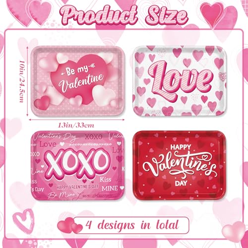 Vesici 4 Pack Valentine's Day Melamine Serving Trays, 13x10 Large Rectangular Platters for Party Food, Shatterproof Heart Cookie Plates for Appetizers, Romantic Dinner & Galentine's Kitchen Decor - style: Valentine's Day