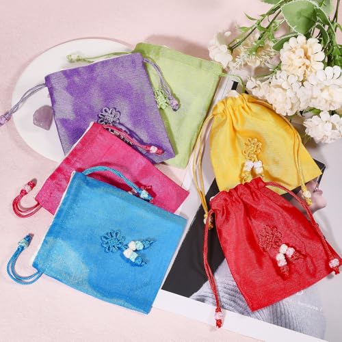 CHGCRAFT 6Pcs 6 Colors Traditional Korean Pouch Embroidered Drawstring Bags Rectangle Cloth Packing Pouches for Wedding Candy Jewelry Bags