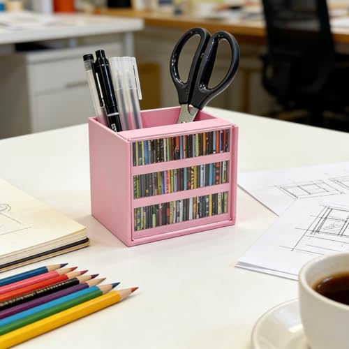 Pink Anxiety Bookshelf with 100 Mini Books, Cute Miniature Library Stress Relief Toy, Shaking Book Shelf Ornament, Bookmark Holder & Pencil Organizer, Aesthetic Room Decor, Gift for Bookish Her - color: Pink