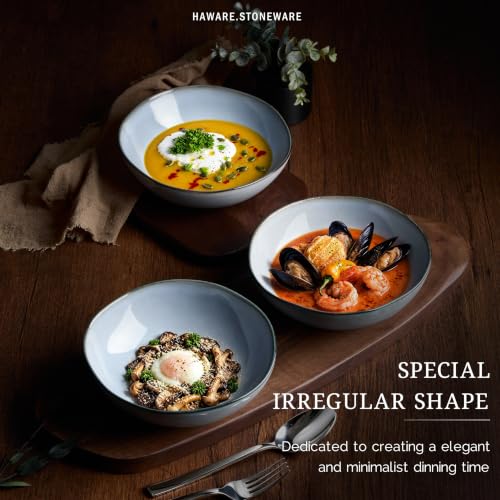 HaWare Cereal Bowls, 26oz Stoneware Serving Bowls Set of 4, for Salad Pasta - color: Reactive Foggy Blue