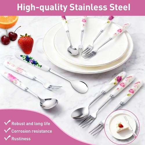 28 Pcs Dessert Forks and Spoons Silverware Set with Ceramic Handle
