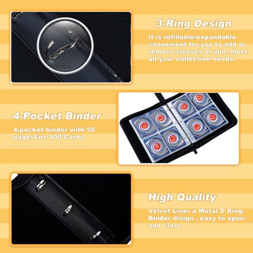 Trading Card Binder, 50 Removable Sleeves, PU material and Waterproof,3 Ring Zipper Portable Collectible Game Card Albums Gifts for Boys and Girls,400 pockets - size: 400 pockets