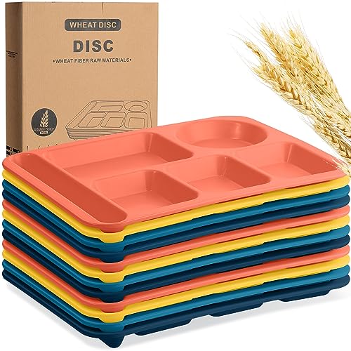 Pinkunn 12 Pcs 14'' Large Divided Plates Unbreakable Wheat Straw Lunch Trays 6 Compartments Cafeteria Trays Microwave Dishwasher Safe Food Separator Plates (Dark Blue, Dark Green, Yellow, Orange) - color: Dark Blue, Dark Green, Yellow, Orange