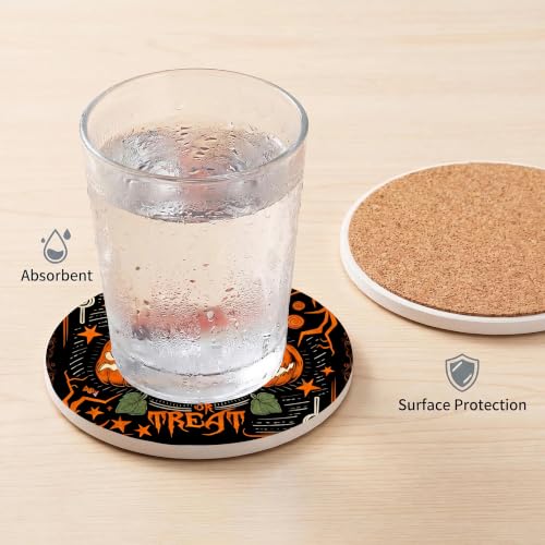 Nikyi 6 Pcs Halloween Vintage Pumpkin Ceramic Coasters, Round Absorbent Drink Coaster with Metal Holder and Cork Base, Ghost Skull Scary Cat Coaster for Coffee Table Kitchen Office Home Decor Gifts - color: Halloween Vintage Pumpkin Scary Cat